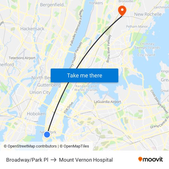 Broadway/Park Pl to Mount Vernon Hospital map