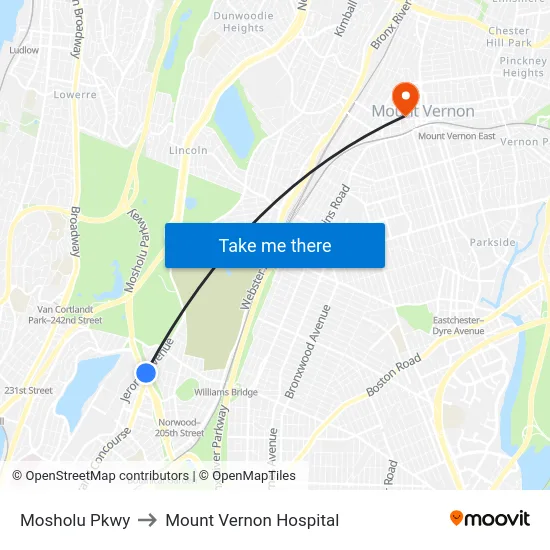 Mosholu Pkwy to Mount Vernon Hospital map