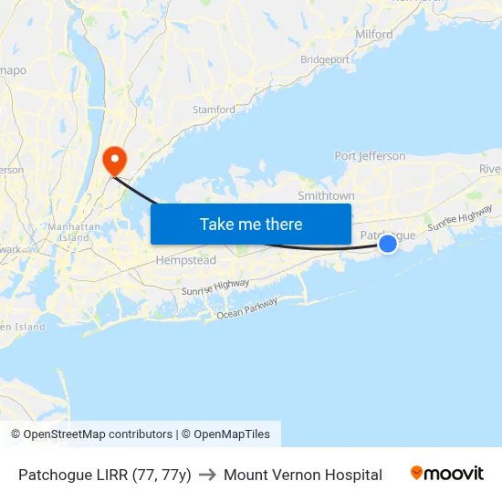 Patchogue LIRR (77, 77y) to Mount Vernon Hospital map