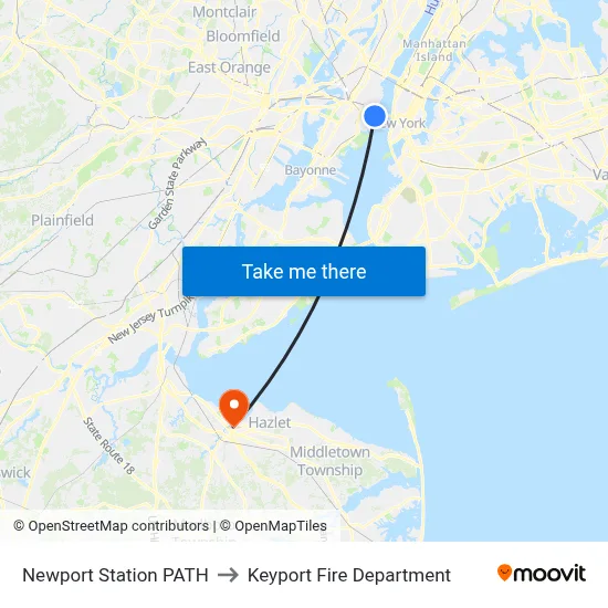 Newport Station PATH to Keyport Fire Department map