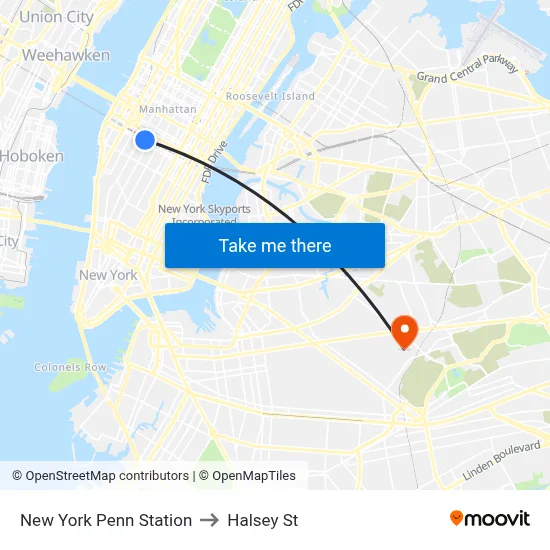 New York Penn Station to Halsey St map