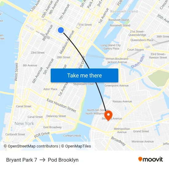 Bryant Park 7 to Pod Brooklyn map