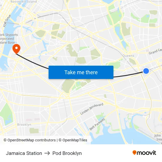 Jamaica Station to Pod Brooklyn map