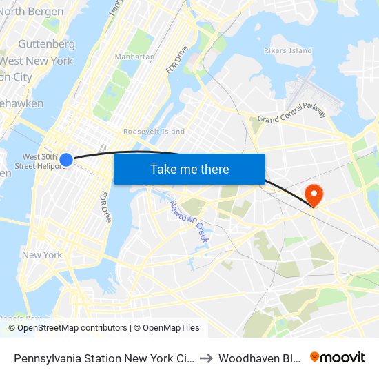 Pennsylvania Station New York City to Woodhaven Blvd map