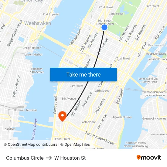 Columbus Circle to W Houston St map