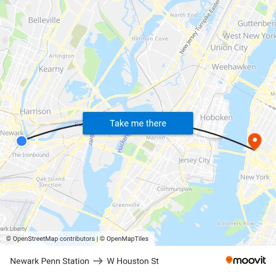Newark Penn Station to W Houston St map