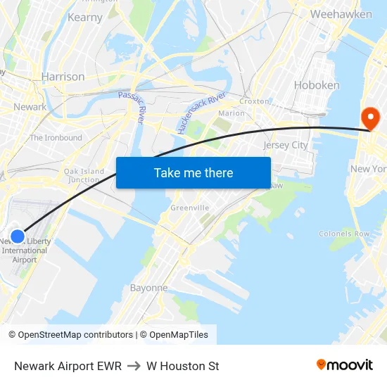 Newark Airport EWR to W Houston St map