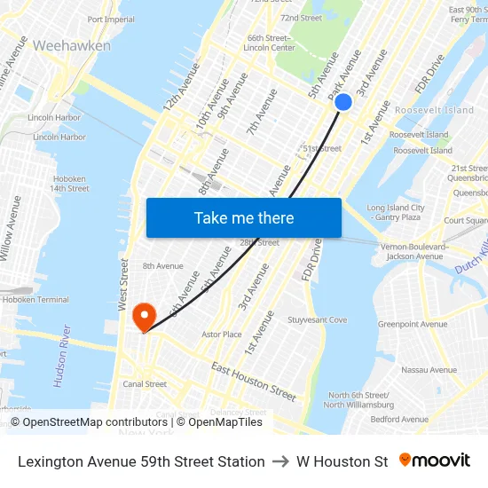 Lexington Avenue 59th Street Station to W Houston St map