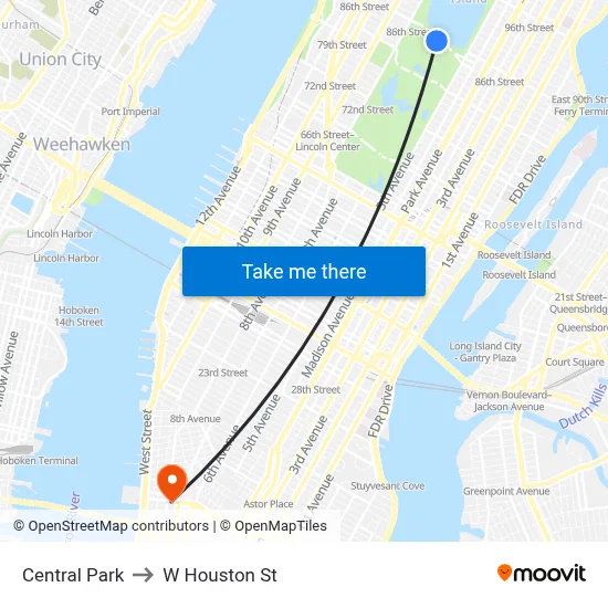 Central Park to W Houston St map