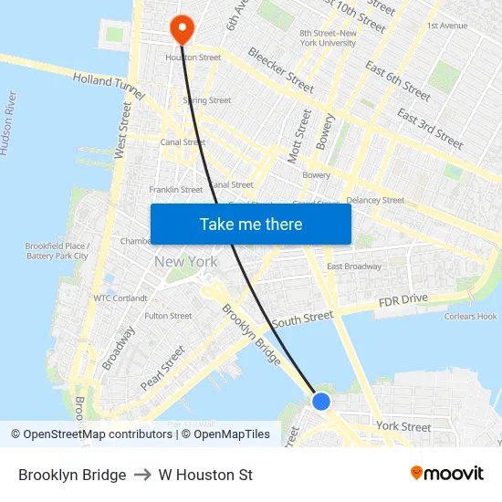 Brooklyn Bridge to W Houston St map