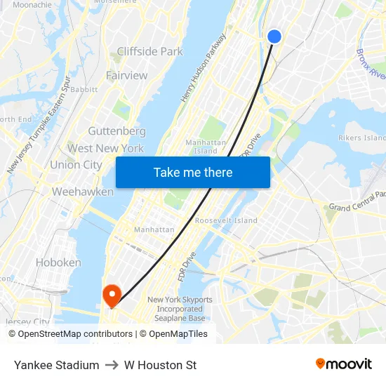 Yankee Stadium to W Houston St map
