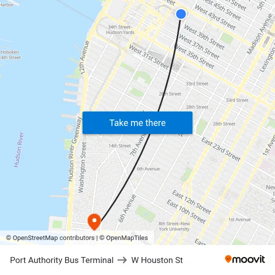 Port Authority Bus Terminal to W Houston St map