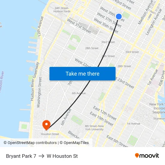 Bryant Park 7 to W Houston St map