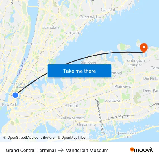 Grand Central Terminal to Vanderbilt Museum map
