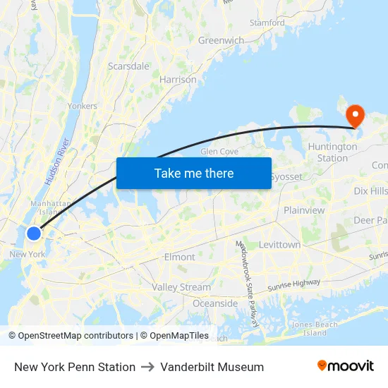 New York Penn Station to Vanderbilt Museum map