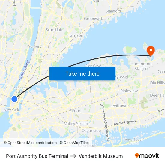 Port Authority Bus Terminal to Vanderbilt Museum map