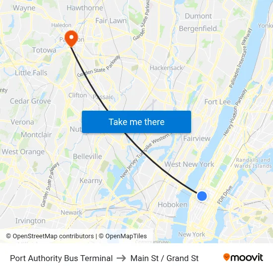 Port Authority Bus Terminal to Main St / Grand St map