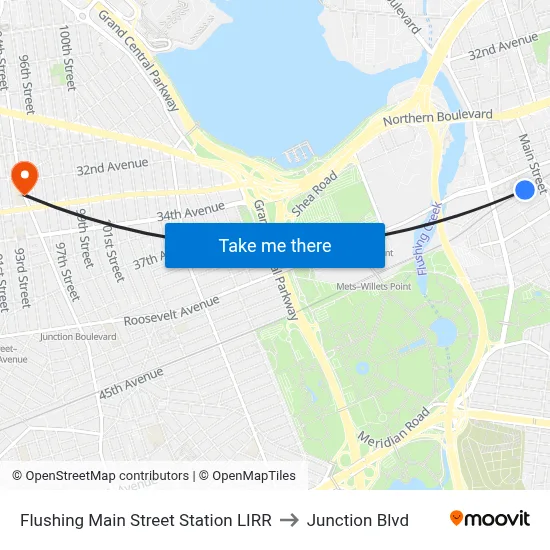 Flushing Main Street Station LIRR to Junction Blvd map