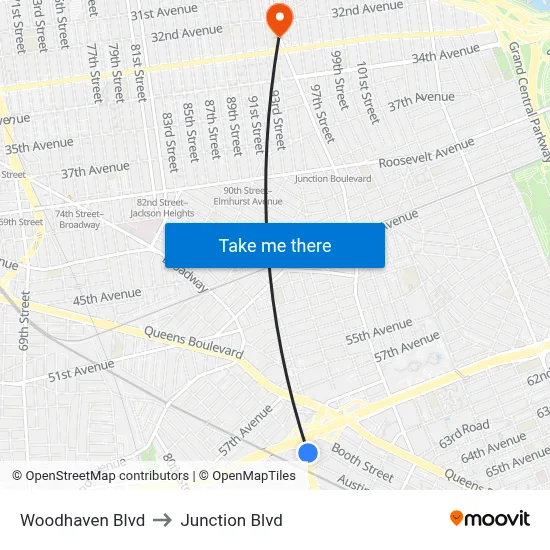 Woodhaven Blvd to Junction Blvd map