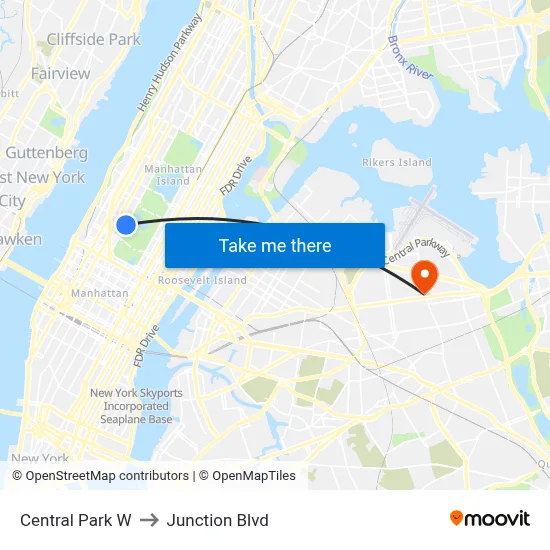 Central Park W, New York, NY 10023 to Junction Blvd map