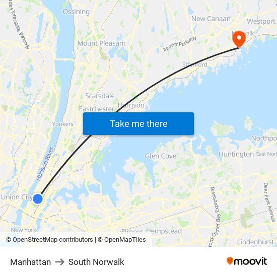 Manhattan to South Norwalk map