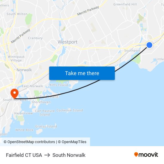 Fairfield CT USA to South Norwalk map