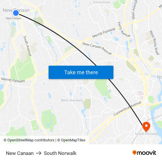 New Canaan to South Norwalk map