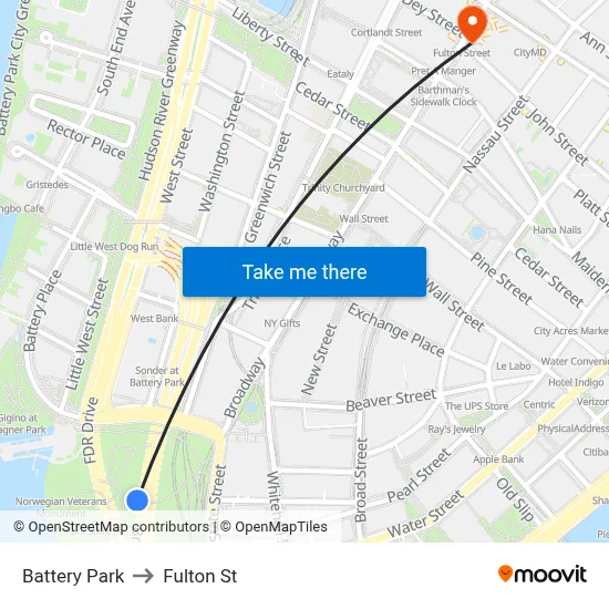 Battery Park to Fulton St map
