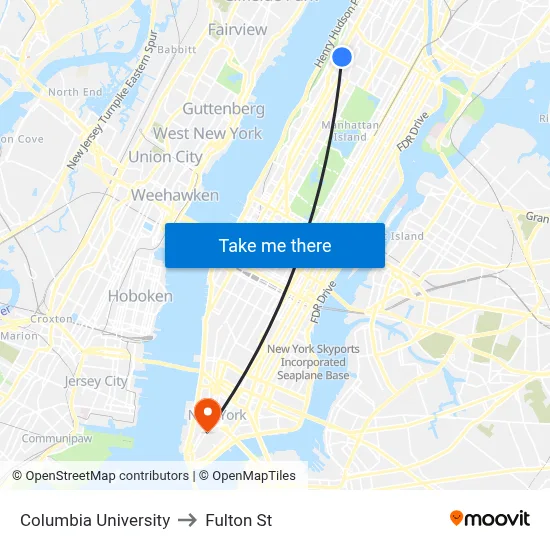 Columbia University to Fulton St map