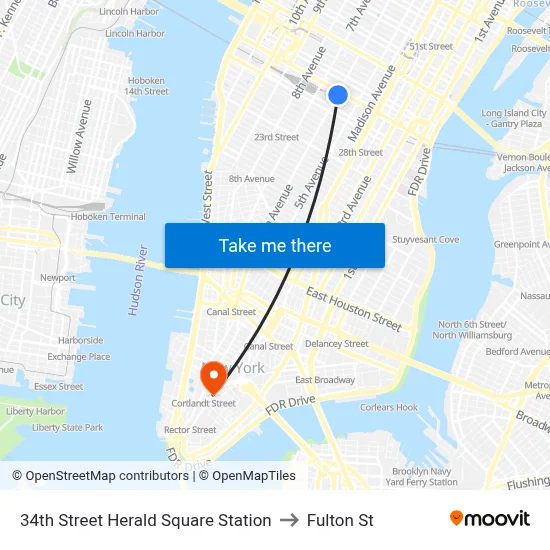 34th Street Herald Square Station to Fulton St map