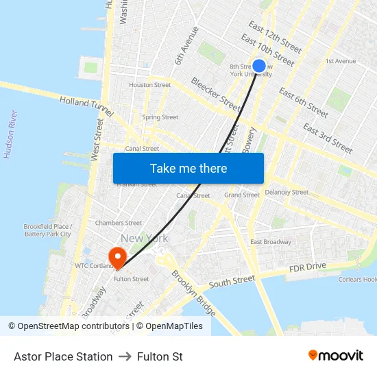 Astor Place Station to Fulton St map
