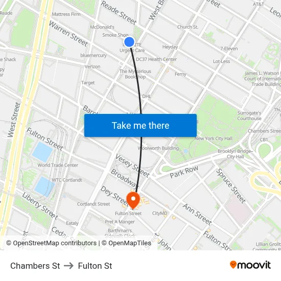 Chambers St to Fulton St map