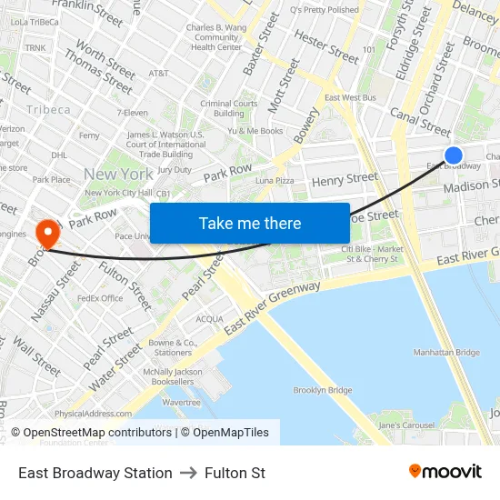 East Broadway Station to Fulton St map