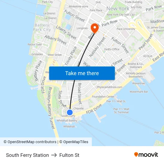 South Ferry Station to Fulton St map