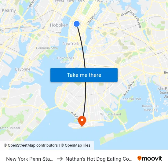 New York Penn Station to Nathan's Hot Dog Eating Contest map