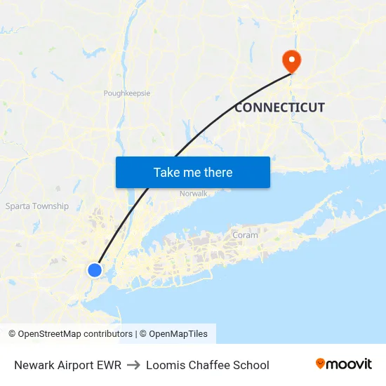 Newark Airport EWR to Loomis Chaffee School map