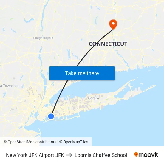 New York JFK Airport JFK to Loomis Chaffee School map