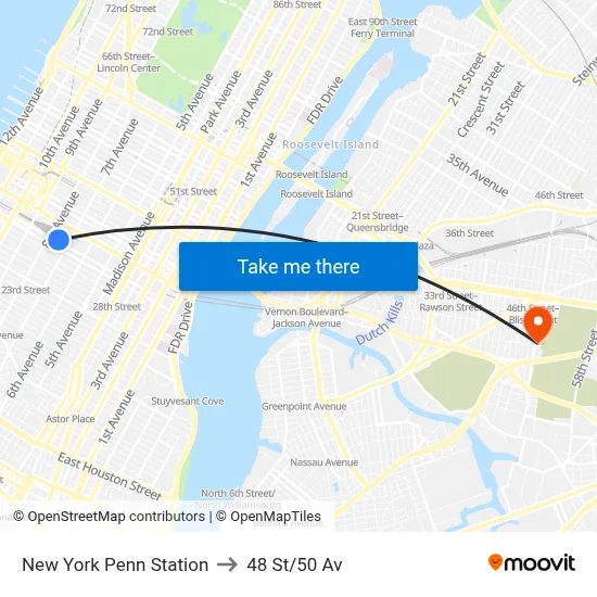 New York Penn Station to 48 St/50 Av map