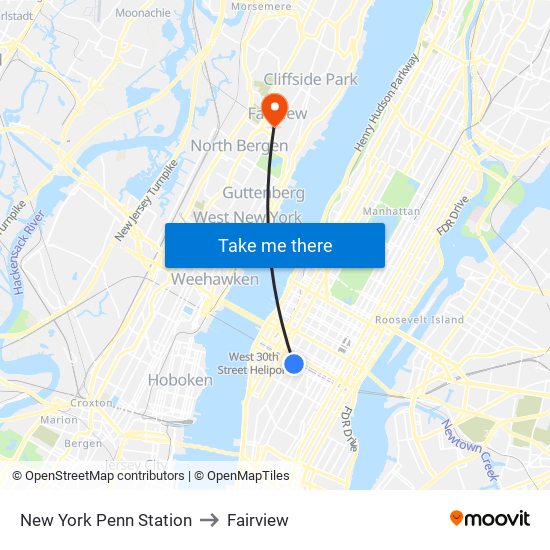 New York Penn Station to Fairview map