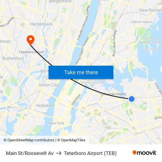 Main St/Roosevelt Av to Teterboro Airport (TEB) map