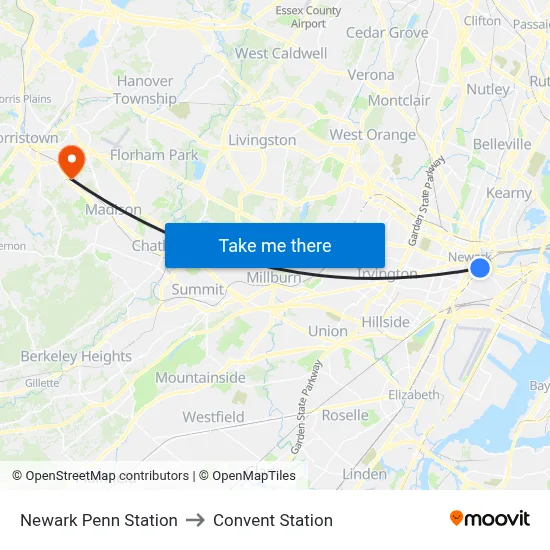 Newark Penn Station to Convent Station map