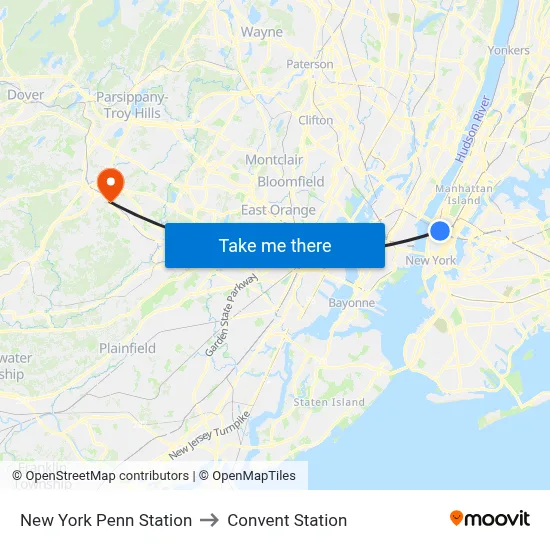New York Penn Station to Convent Station map