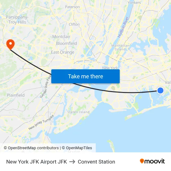 New York JFK Airport JFK to Convent Station map