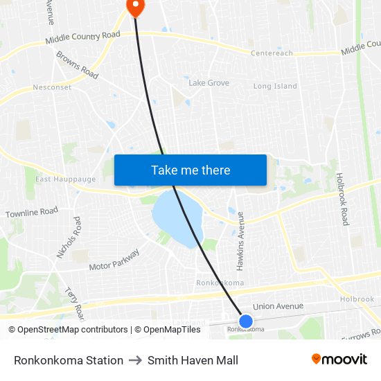 Ronkonkoma Station to Smith Haven Mall map