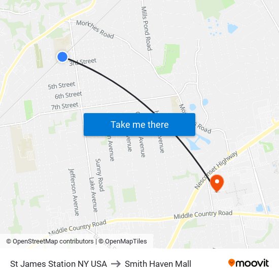 St James Station NY USA to Smith Haven Mall map