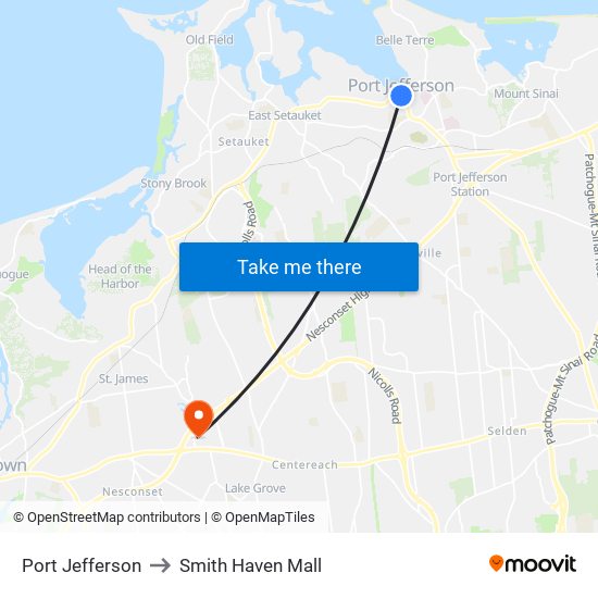 Port Jefferson to Smith Haven Mall map