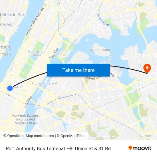 Port Authority Bus Terminal to Union St & 31 Rd map