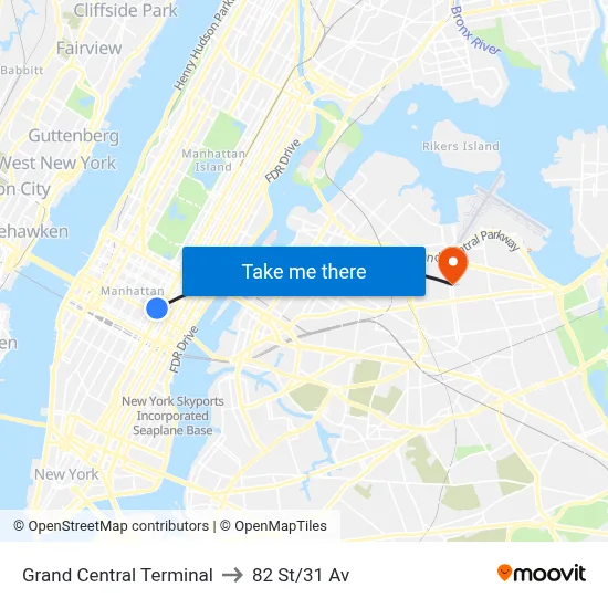 Grand Central Terminal to 82 St/31 Av map