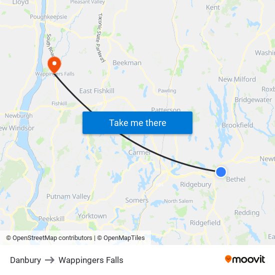Danbury to Wappingers Falls map