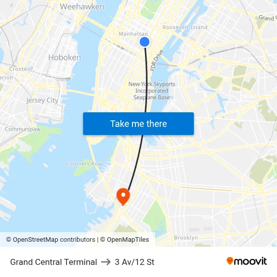 Grand Central Terminal to 3 Av/12 St map